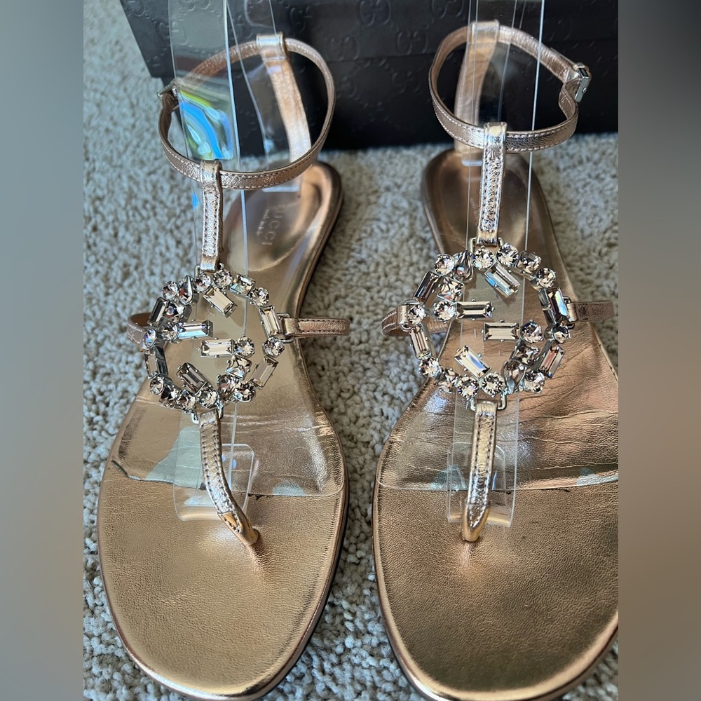 Gucci Rose Gold Sandals with Crystal GG Accents